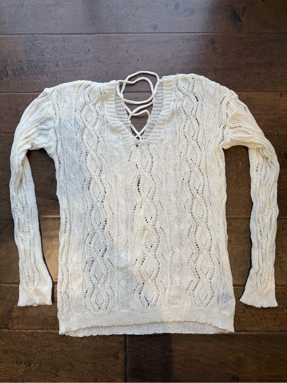 SHEIN Cream Cable Knit V-Neck Sweater with Back Lace-Up